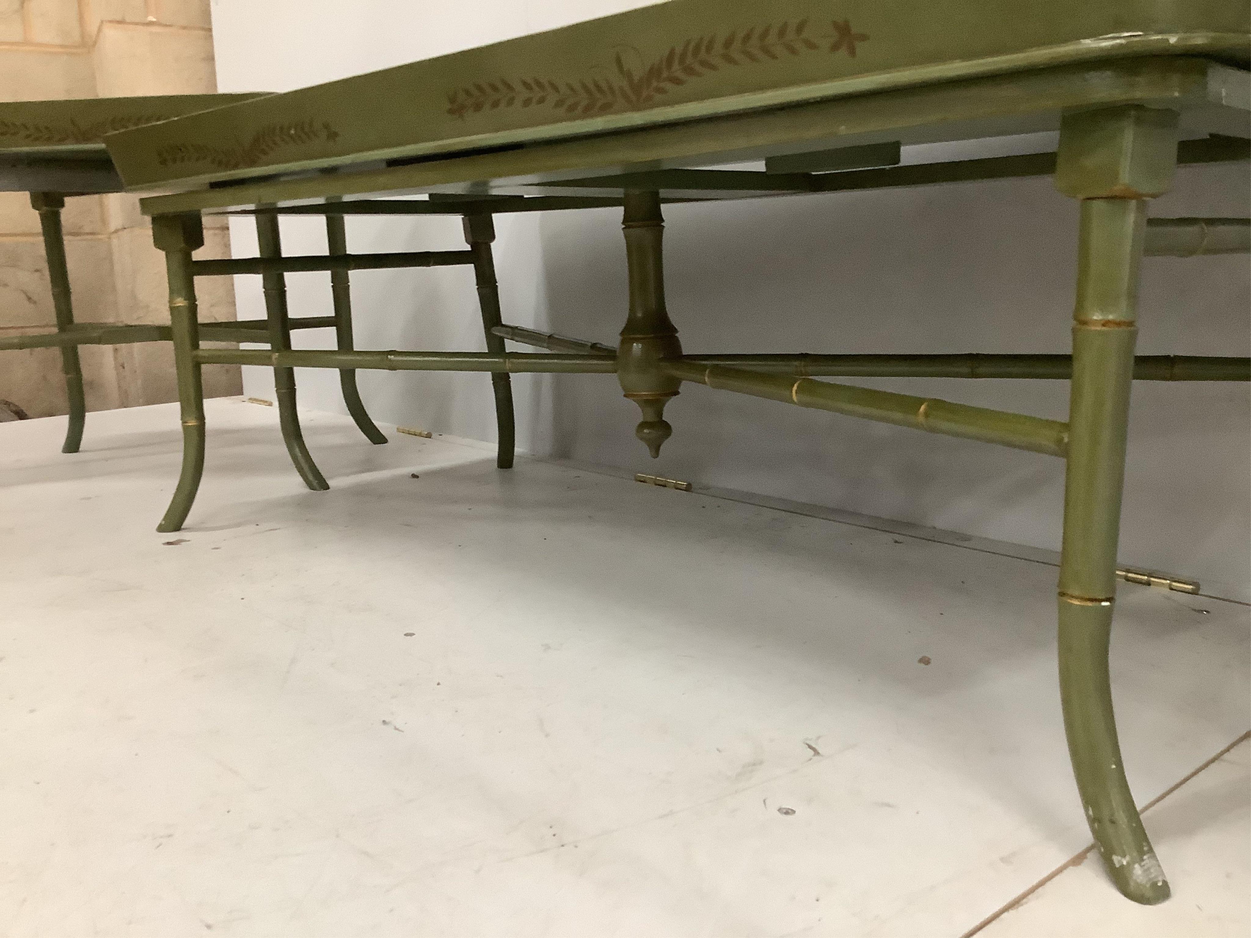 A set of three Regency style painted faux bamboo tray top occasional tables, largest width 126cm, depth 60cm, height 47cm. Condition - good